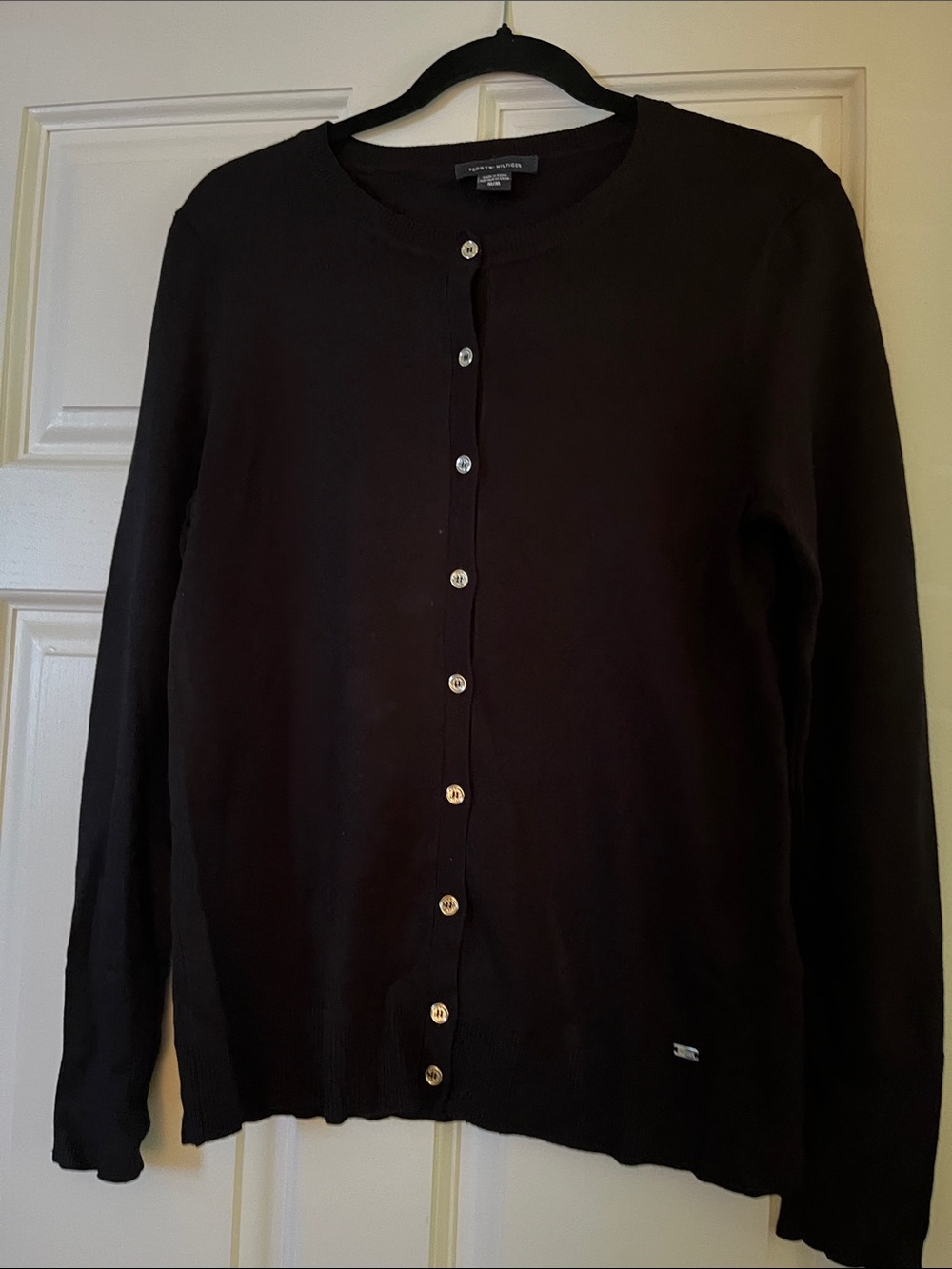 Tommy Hilfiger Black with Gold Button-Front Crew Cardigan